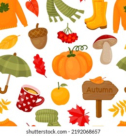 seamless pattern from autumn elements.  Leaves, pumpkin, acorn, sweater, scarf, cup of hot tea, mushrooms and other symbols of fall. Endless texture. Vector illustration. Cartoon style.