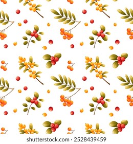Seamless pattern of autumn elements, leaves, rowan berries, lingonberries, sea buckthorn on a white background. Suitable for seasonal autumn and winter holidays, Thanksgiving, Christmas.