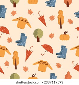 Seamless pattern with autumn elements like umbrella,boots,sweater,leaves,tree.Vector illustration cartoon flat style.