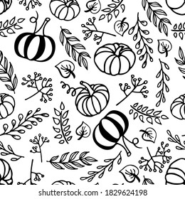 Seamless pattern with autumn elements. Linear black and doodle sketch. Pumpkin, leaf, berries, twig, lettering. Hand drawn fall design for wallpaper, wrapping, textile. Autumn nature illustration