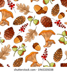 Seamless pattern with autumn elements of nature on white background. Seamless pattern with acorns, pine cones, nuts, berries and autumn leaves. Vector illustration
