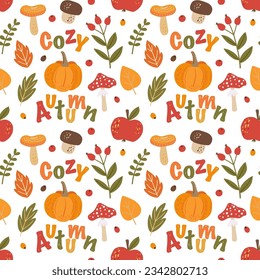  Seamless pattern with autumn elements on a white background. Trendy vector graphics perfect for wallpaper, wrapping paper, notebook covers, phone cases, prints on clothes, textiles, linens