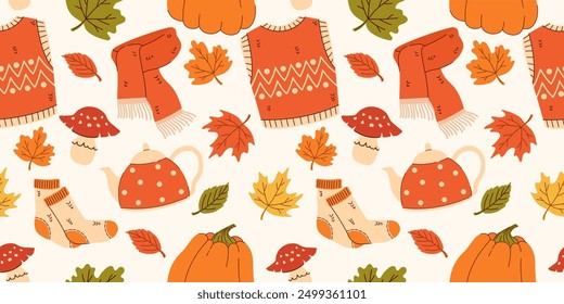 Seamless pattern with autumn elements on a light background. Scarf, sweater, socks, teapot, pumpkin, vest, leaves. Flat vector illustration.