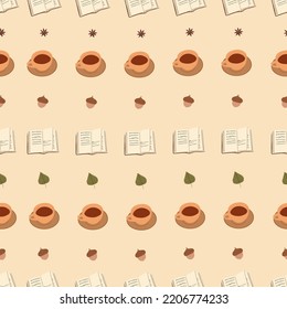 Seamless pattern of autumn elements. Set of coffee cup, book, cinnamon, acorn, leaf. Colored trendy illustration. Hand draw isolated vector illustration