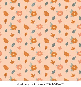 Seamless pattern with autumn elements in simple Scandinavian style - Pumpkin, fall flowers, leaves on light peach background. Cute seasonal childish texture for Thanksgiving, Halloween, back to school