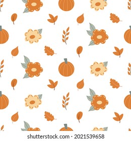 Seamless pattern with autumn elements in simple Scandinavian style - Pumpkin, fall flowers, herbs, branches, leaves on white background. Cute seasonal childish texture for Thanksgiving, Halloween.