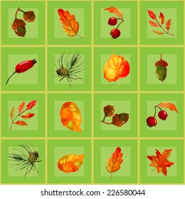 seamless pattern of autumn elements in square green background