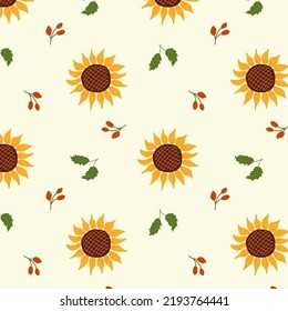 Seamless pattern of autumn elements. Vector pattern with sunflowers, berries and leaves. Simple cartoon flat style.