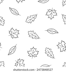 Seamless pattern of autumn elements. Vector illustration of leaves maple, oak, aspen. Background of autumn leaf fall.