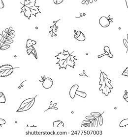 Seamless pattern of autumn elements. Vector illustration of leaves acorns mushrooms apple chestnut berries.