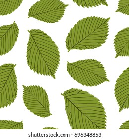 Seamless pattern of autumn elm leaf silhouettes on white background. Vector texture.