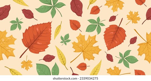 Nahtloses Muster mit Herbstblättern in Beige, Rot, Braun, Grün und Gelb. Ideal für Bildschirmhintergründe, Verpackungsunterlagen, Webseiten, Hintergrund, soziale Medien, Blog- und Grußkarten.