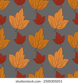 Patrón sin fisuras con hojas de otoño. Hojas de color rojo anaranjado sobre fondo gris. Ilustración vectorial botánica otoñal. Patrón repetido simétricamente. Diseño estacional para textiles, decoración del hogar, etc.