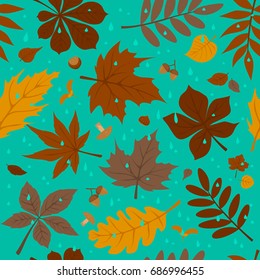 seamless pattern with autumn fall leaves and rain drops on blue background. forest foliage repeatable texture