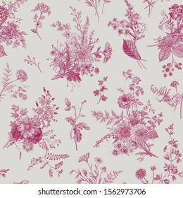 Seamless pattern. Autumn floral pattern. Classic illustration in wine and white. Toile de Jouy
