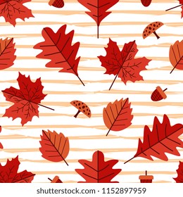 Seamless pattern of autumn floral with maple and oak leaves. Multicolor kids drawing style vector illustration.