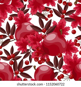 Seamless pattern of Autumn floral of red apples decoration with maple leaves and berry branches on white background. Vector illustration.