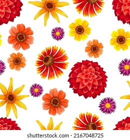 Seamless pattern with autumn flowers. Beautiful decorative bouquet of blooming plants.