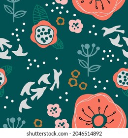 seamless pattern autumn flowers and birds doodle art in soft colors