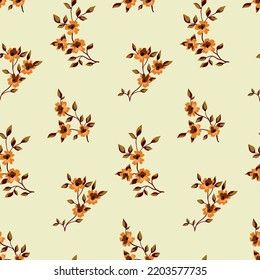 Seamless pattern with autumn flowers branches in vintage style. Abstract composition of hand drawn twigs with small flowers, leaves on a light. Botanical background design with rustic motifs. Vector.