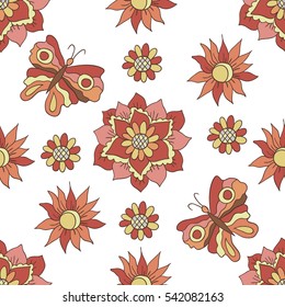 Seamless pattern. Autumn flowers. Butterflies. The pastel brown, orange and pink colors