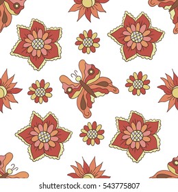 Seamless pattern. Autumn flowers. Butterflies. The pastel brown, orange and pink