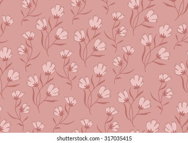 Seamless pattern autumn flowers colored in modern marsala color.