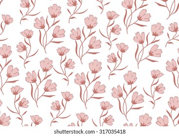 Seamless pattern autumn flowers colored in modern marsala color on white.