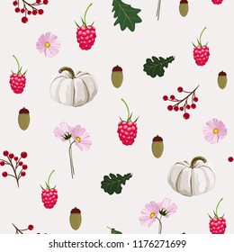 
Seamless pattern with autumn flowers, herbs, oak, berries. Vector illustration in vintage style. 