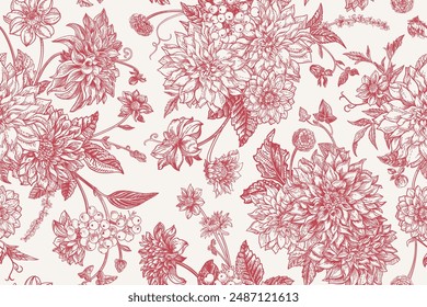 Seamless pattern with autumn flowers, herbs and berries. Vintage background in engraving style. Vector botanical detailed illustration. Red.