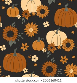 Seamless pattern of autumn flowers and pumpkins on a dark background. Vector graphics.