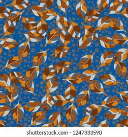 Seamless pattern. Autumn foliage against a scattering of squares.