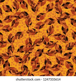 Seamless pattern. Autumn foliage against a scattering of squares.