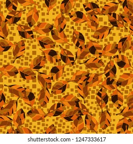 Seamless pattern. Autumn foliage against a scattering of squares.