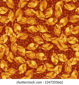 Seamless pattern. Autumn foliage against a scattering of squares.