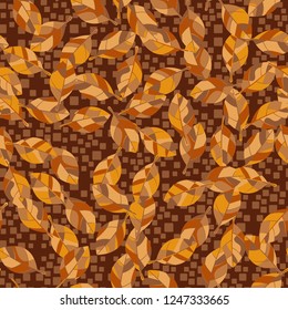Seamless pattern. Autumn foliage against a scattering of squares.