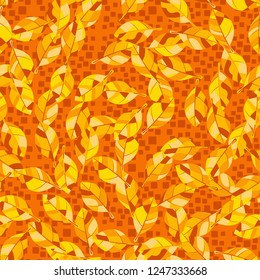 Seamless pattern. Autumn foliage against a scattering of squares.