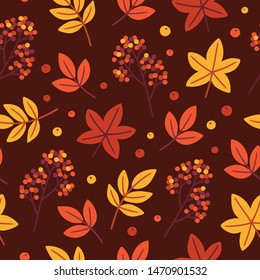 Seamless pattern with autumn foliage and berries. Flat vector illustration in cartoon style. Hand drawn fall backdrop on dark red background. Bright graphic print for wrapping paper, textile. 
