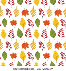 Seamless pattern of autumn foliage, bright maple leaves in orange, yellow and red tones and clusters of red berries on a white background.