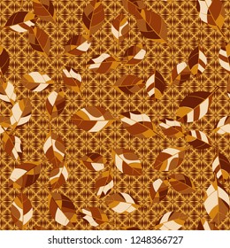 Seamless pattern. Autumn foliage on the background of a wedge-shaped hatching.