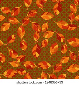 Seamless pattern. Autumn foliage on the background of a wedge-shaped hatching.
