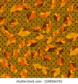 Seamless pattern. Autumn foliage on the background of a wedge-shaped hatching.