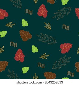 Seamless pattern with autumn foliage.Red, brown, yellow, and green leaves on dark green background.
