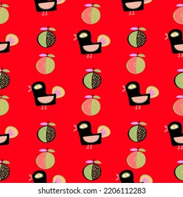 Seamless pattern. Autumn folklore design. Black folk birds and green apples. Red background. Bright. Wrapping and gift paper. Kids textile