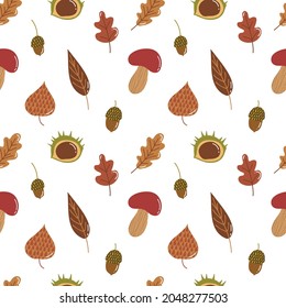 Seamless pattern autumn forest with acorns, leaves, chestnuts, mushrooms on white background.