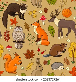 seamless pattern autumn forest and animals