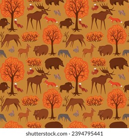 seamless pattern of autumn forest and forest animals
