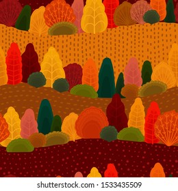 Seamless pattern autumn forest, bright ornament, vector textile print