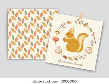 Seamless pattern and Autumn forest card with squirrel bird mashroom tree leaf branch.Vector hand drawn vintage background set.