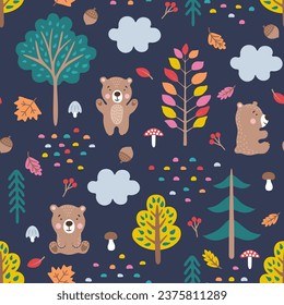 Patrón sin foco. Bosque otoñal con osos dibujados a mano, árboles, hojas, setas y bayas. Ilustración vectorial.